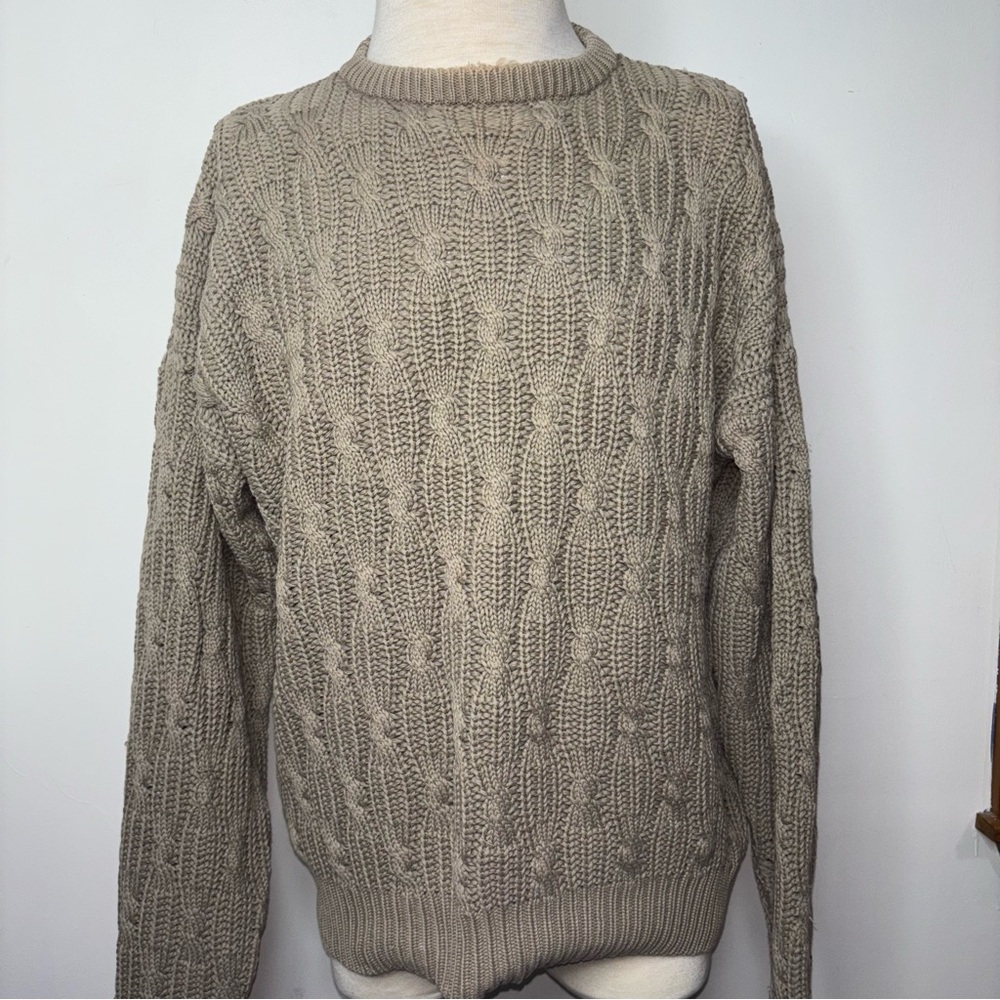 Vintage Robert Stock Sweater Mens XL Tan Textured Cable Knit Crewneck Cotton